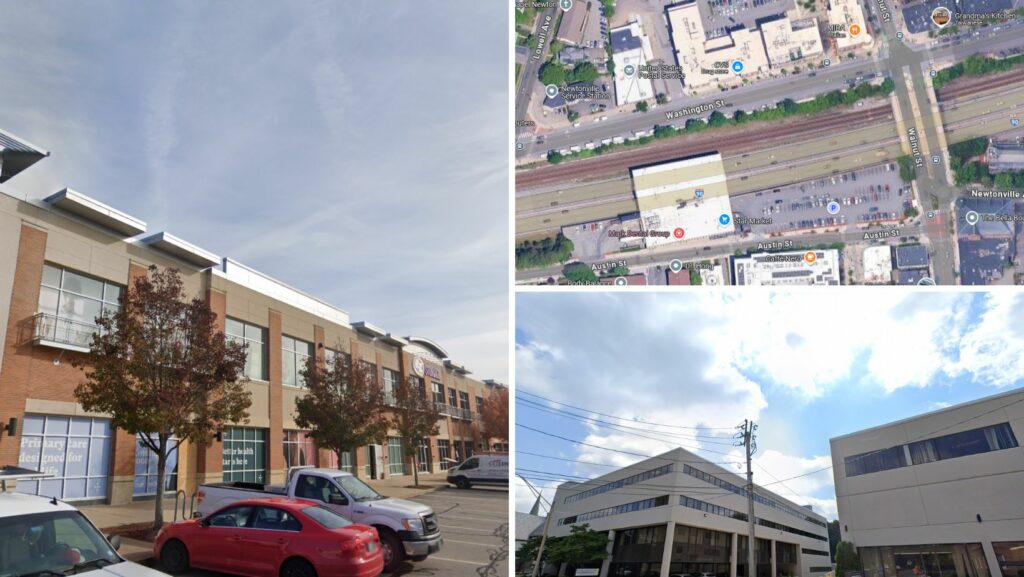 Flat roof office and healthcare buildings in Newton, MA, seen from ground and aerial views, suitable for modern roofing upgrades