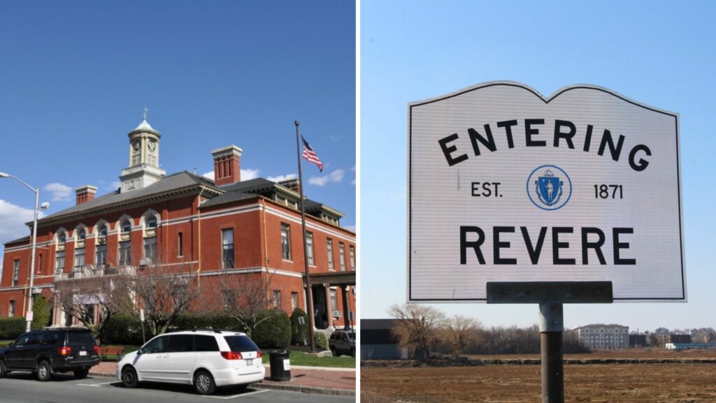 Historic city hall and welcome sign representing Revere, Massachusetts