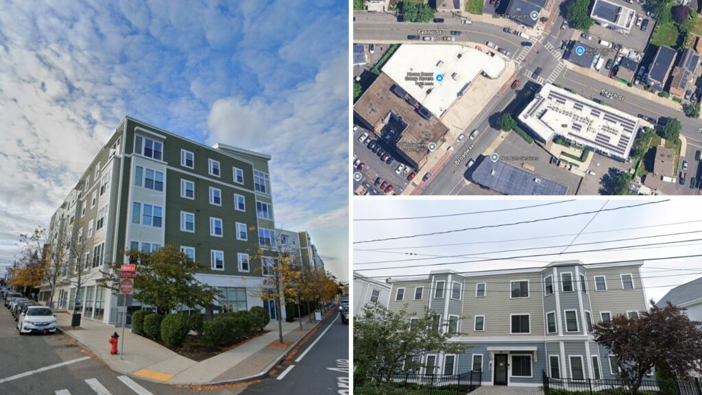 Apartment complexes and commercial buildings featuring flat roofing in Revere, MA