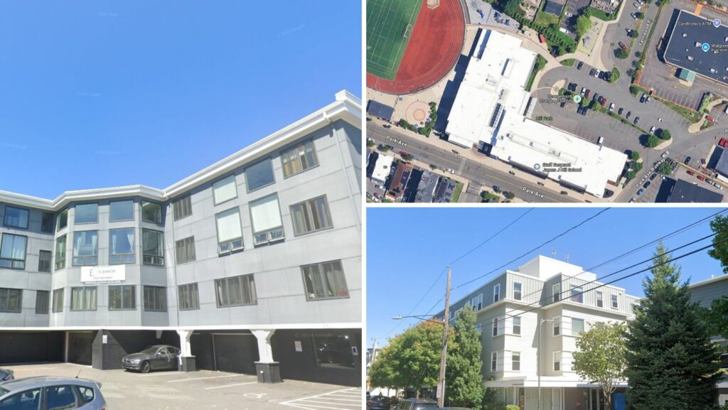 Modern residential buildings with flat roofing in Revere, MA near local school campus