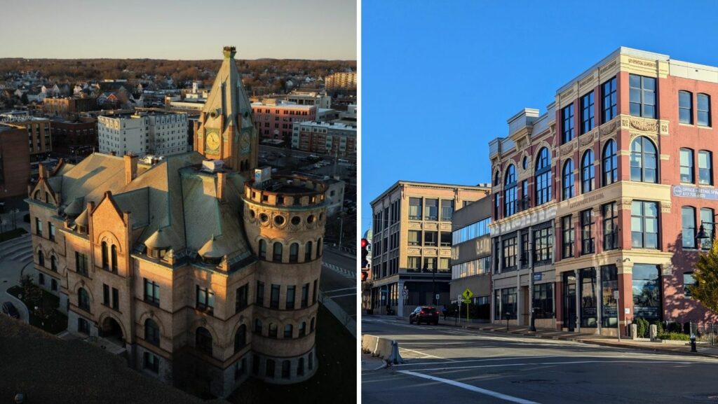 Historic downtown Brockton, MA with surrounding buildings featuring flat roofing