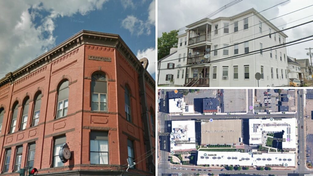 Mixed-use and residential buildings with flat roofs in central Brockton, Massachusetts