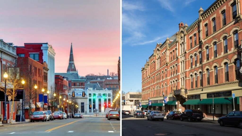 Historic downtown buildings in Fall River, MA with a mix of pitched and flat roofing