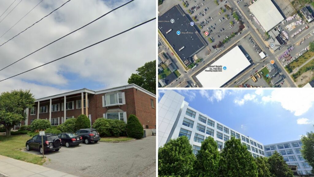 Residential, retail, and institutional buildings featuring flat roofs in Fall River, Massachusetts