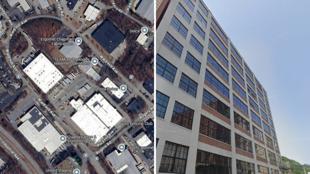 Industrial and converted mill buildings with flat roofing across Haverhill, MA