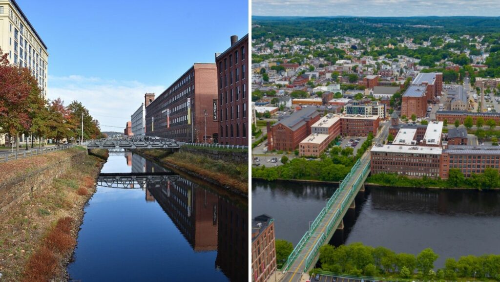Historic mill buildings along the river in Lawrence, MA with prominent flat roofing