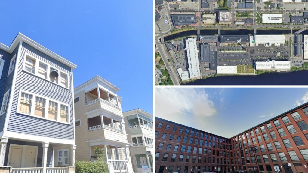 Residential homes and renovated lofts featuring flat roofs in downtown Lawrence, Massachusetts