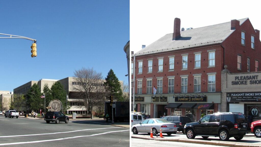 Civic and commercial buildings in Malden, MA with a mix of flat and traditional roofing styles
