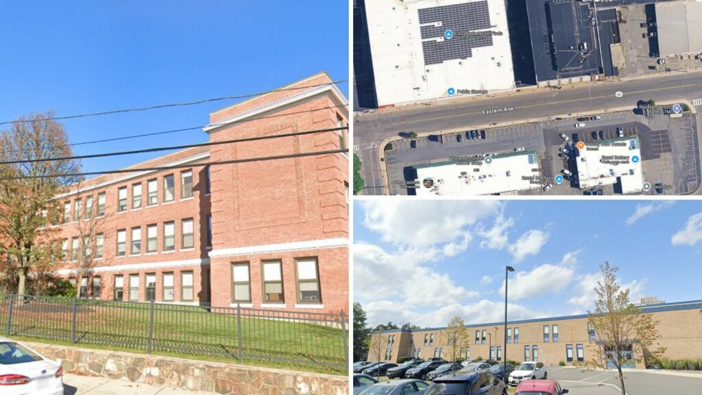 Public schools and retail centers with flat roofing in Malden, Massachusetts