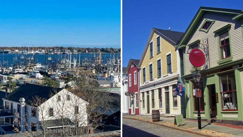 Downtown and historic waterfront buildings in New Bedford, MA with flat roofing and pitched rooftops
