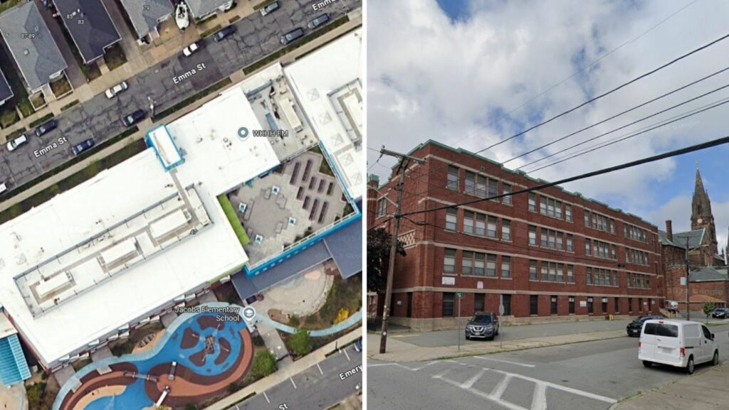 Public schools and brick buildings with flat roofs in New Bedford, MA