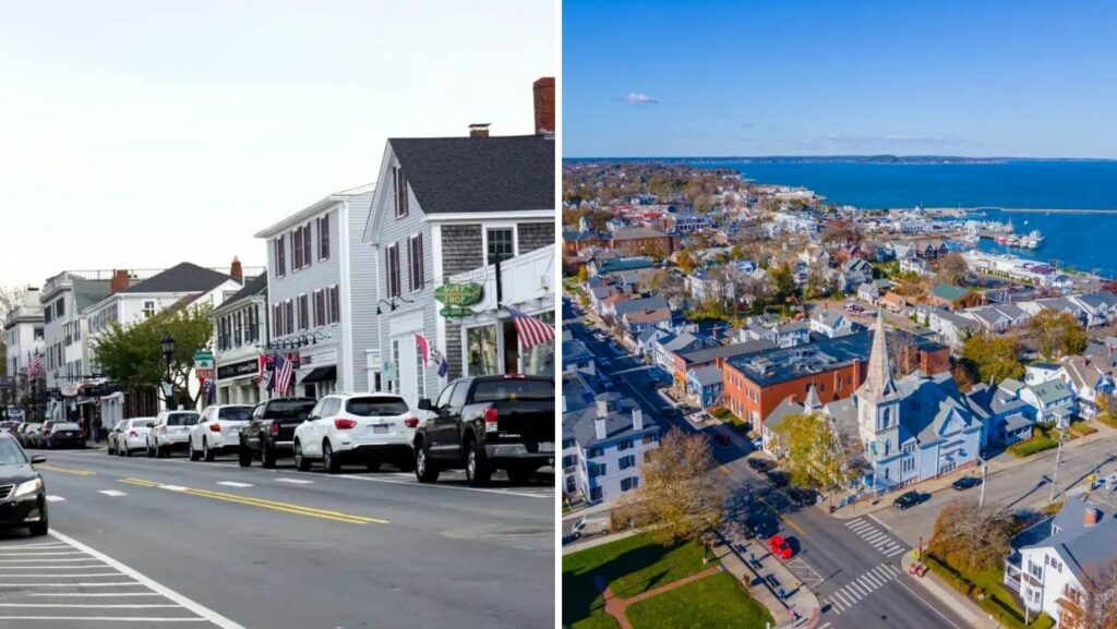 Scenic downtown Plymouth, MA with coastal architecture and buildings featuring flat and pitched roofs