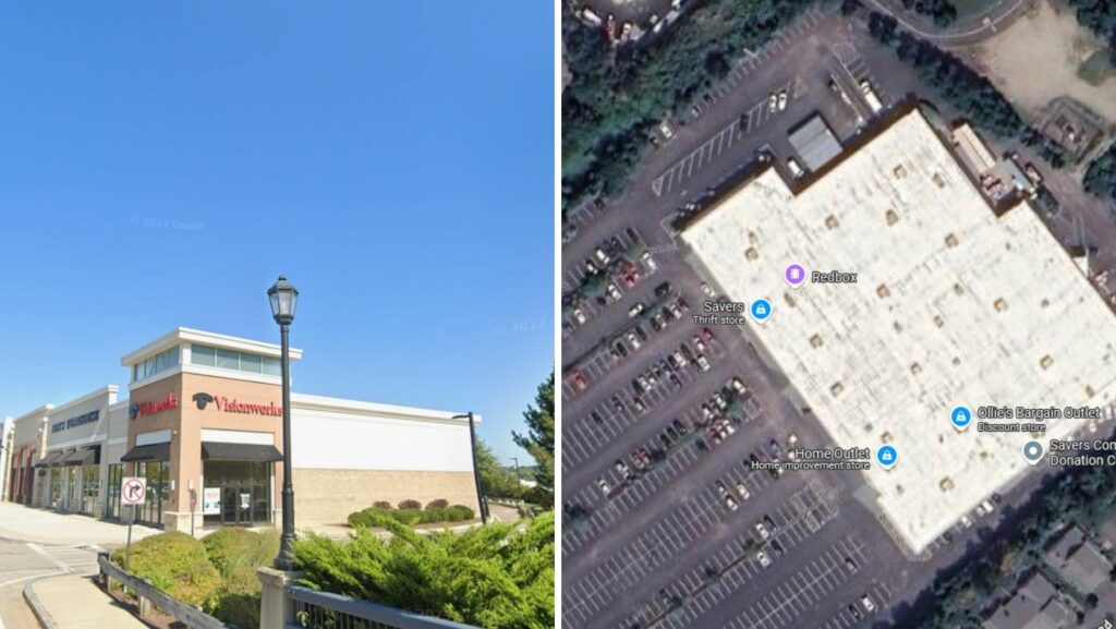 Commercial shopping centers and retail stores with large flat roofs in Plymouth, MA