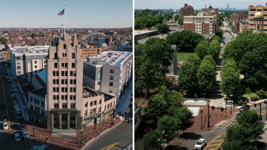 Downtown Quincy, MA with historic and modern buildings featuring flat roofing