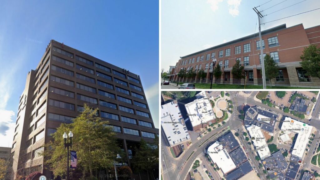 Office buildings, schools, and public institutions with flat roofing across Quincy, MA