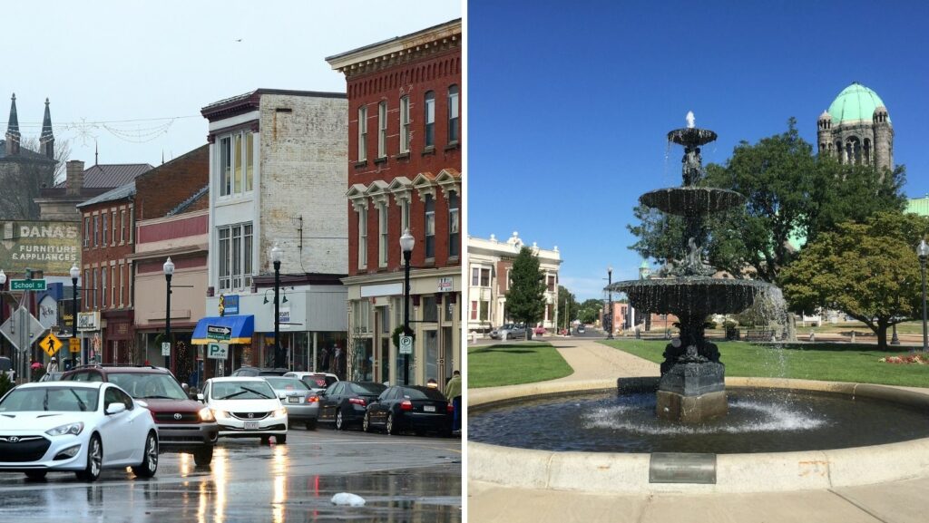 Historic downtown buildings and city landmarks in Taunton, MA with flat roofing and traditional styles