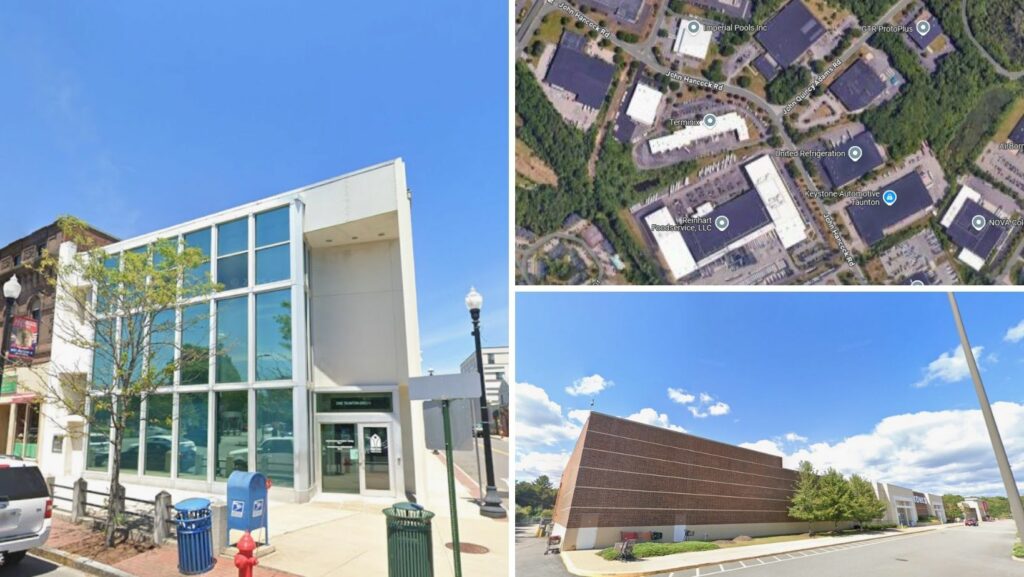 Retail plazas, municipal buildings, and industrial facilities with flat roofs in Taunton, Massachusetts
