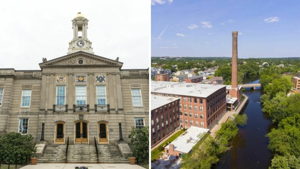 Historic city buildings and mill complexes with flat roofing along the river in Waltham, MA