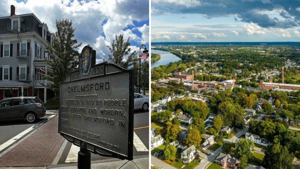 Historic downtown Chelmsford, MA with residential and commercial buildings featuring flat roofing