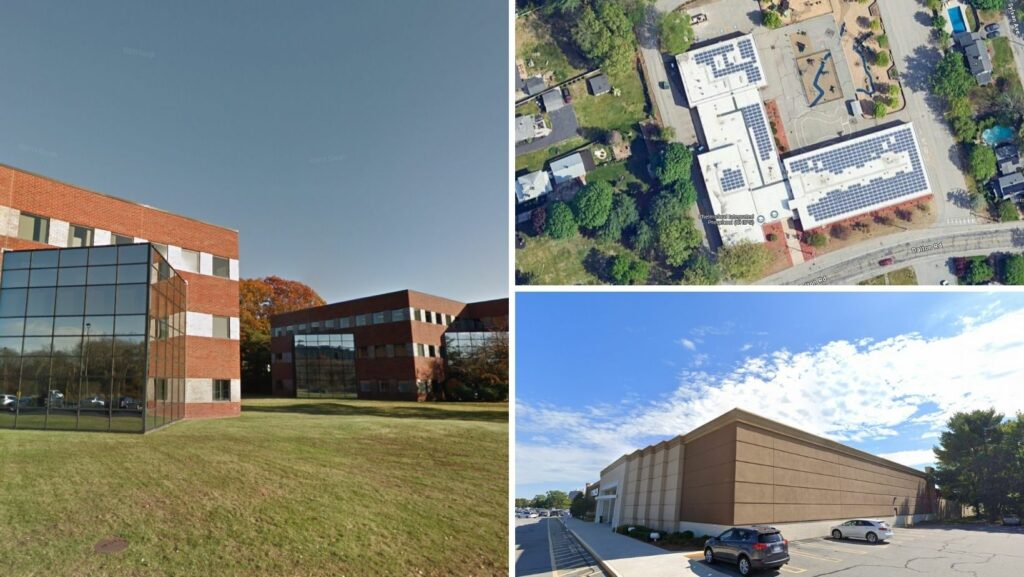 Office complexes, preschools, and retail centers with flat roofs in Chelmsford, Massachusetts