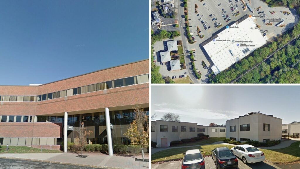 Corporate offices and industrial facilities showcasing flat roofing in Chelmsford, MA