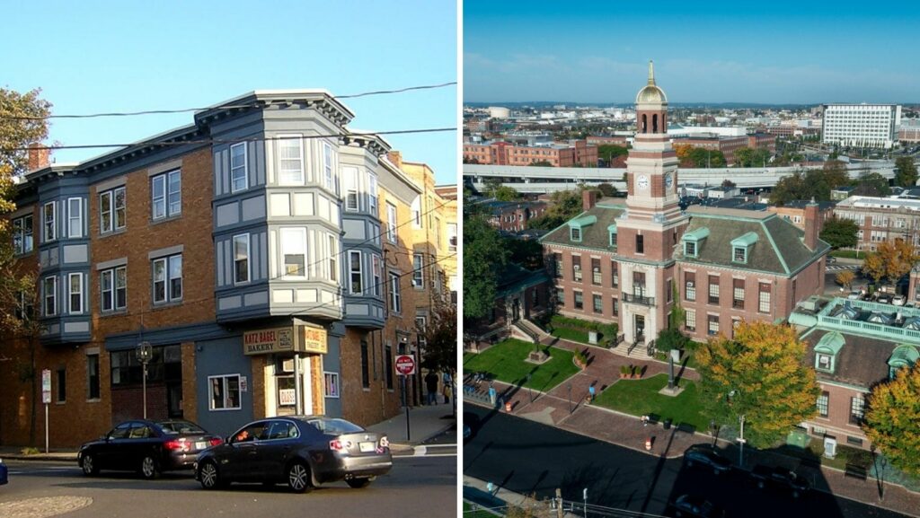 Historic downtown Chelsea, MA with civic buildings and residential properties featuring flat roofing
