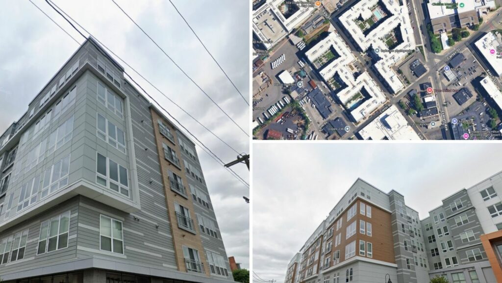 Modern apartment complexes and commercial developments with flat roofs in Chelsea, Massachusetts