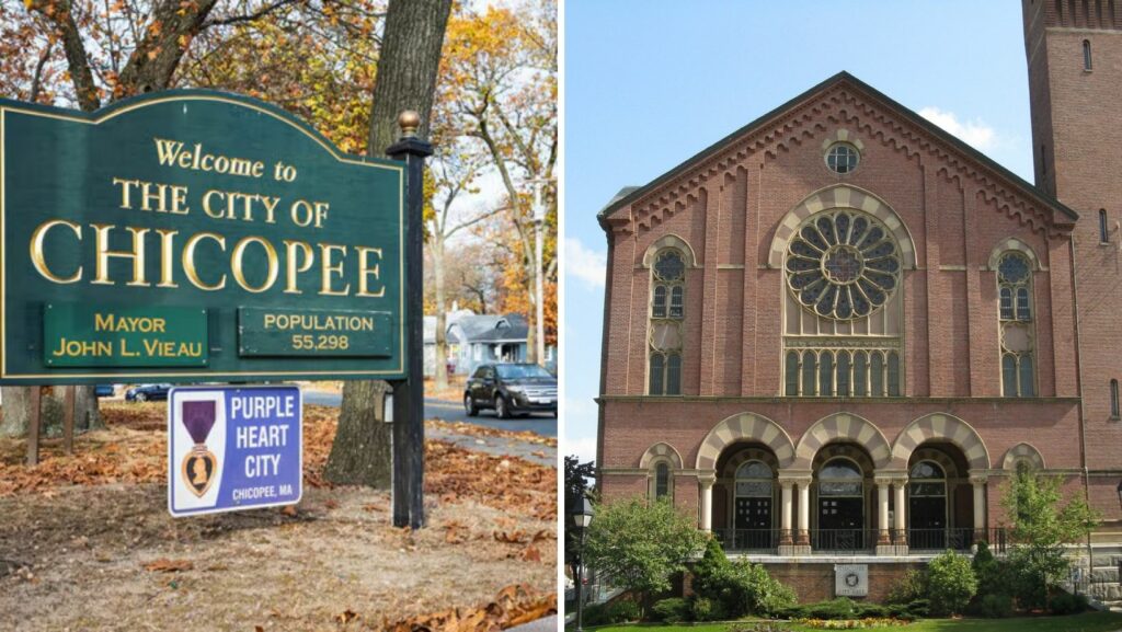Welcome sign and historic city buildings in Chicopee, MA with a mix of flat and pitched roofing