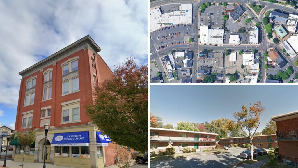 Commercial and residential properties featuring flat roofing in downtown Chicopee, Massachusetts
