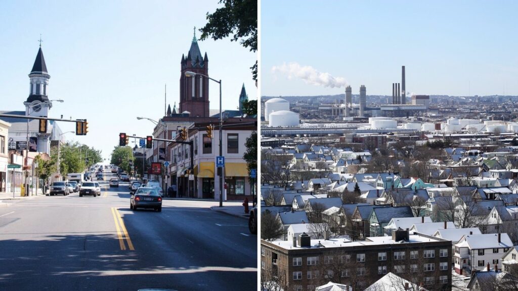 Downtown Everett, MA with historic churches and commercial buildings featuring flat roofing