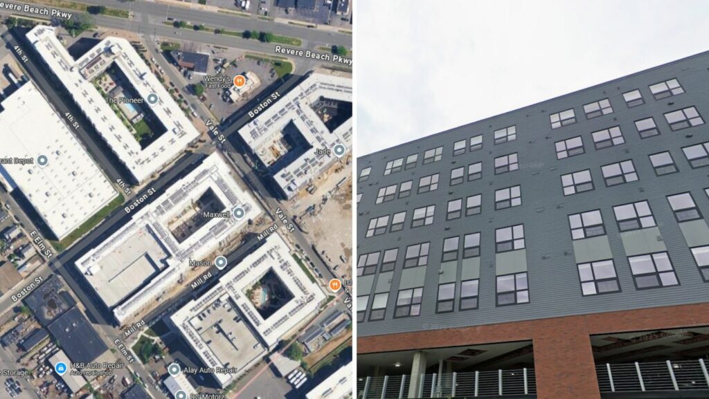 Modern apartment complexes and commercial developments with white flat roofs in Everett, Massachusetts