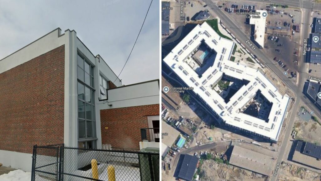 Renovated brick buildings and new residential projects with flat roofing in Everett, MA