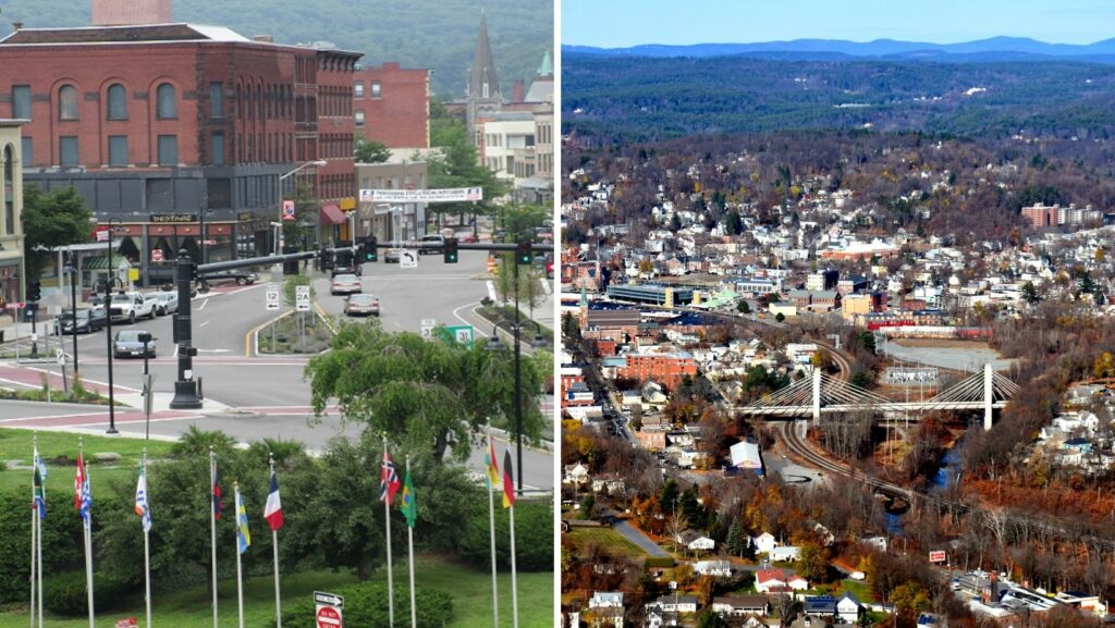 Aerial and downtown views of Fitchburg, MA with historic brick buildings featuring flat roofing