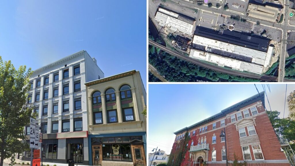 Residential and commercial properties with flat roofs in central Fitchburg, Massachusetts