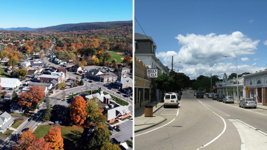 Aerial view of downtown Franklin, MA with historic buildings and residential areas featuring flat roofing