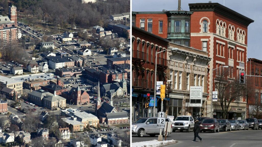 Aerial view of downtown Leominster, MA with historic buildings and commercial properties featuring flat roofing