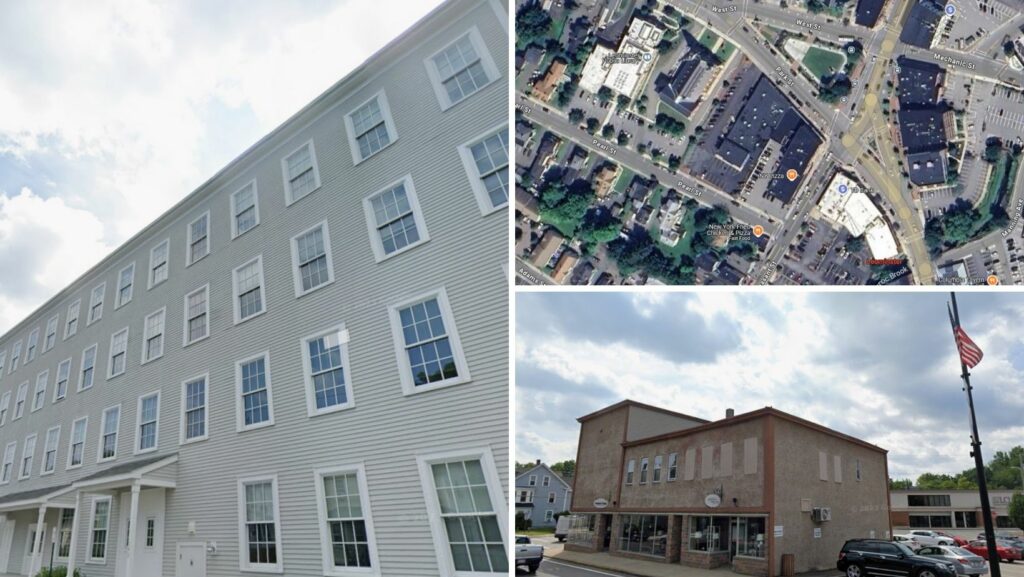 Residential and mixed-use developments with flat roofs in central Leominster, Massachusetts
