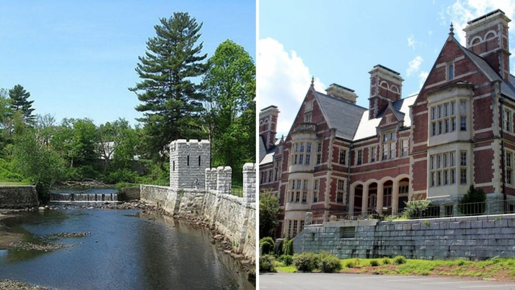 Scenic view of a historic dam and architectural landmarks in Methuen, MA with mixed roofing styles
