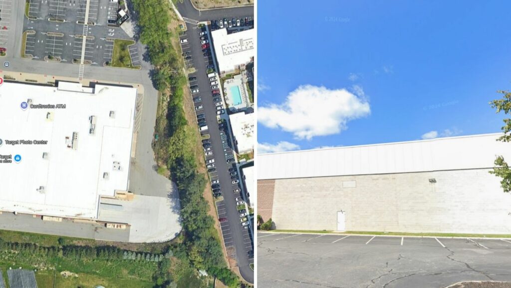 Commercial retail buildings with large white flat roofs in Methuen, Massachusetts