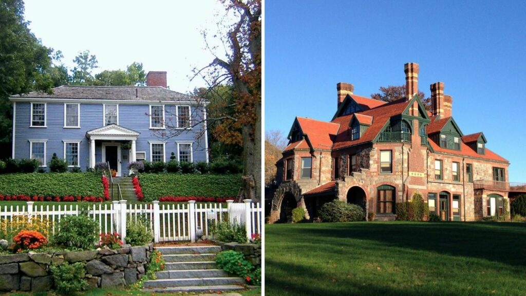 Historic homes and estates in Milton, MA with traditional architecture and surrounding areas featuring flat roofing