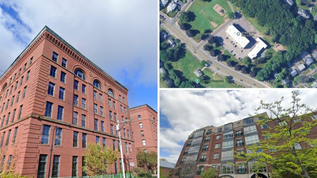 Educational and residential brick buildings with flat roofs in Milton, Massachusetts