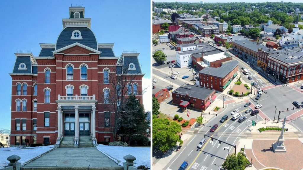 Historic city hall and downtown area with a mix of flat and traditional roofs in Peabody, Massachusetts