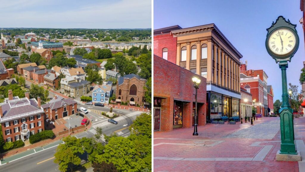 Aerial view of historic downtown Salem, MA with a mix of traditional and flat roofing