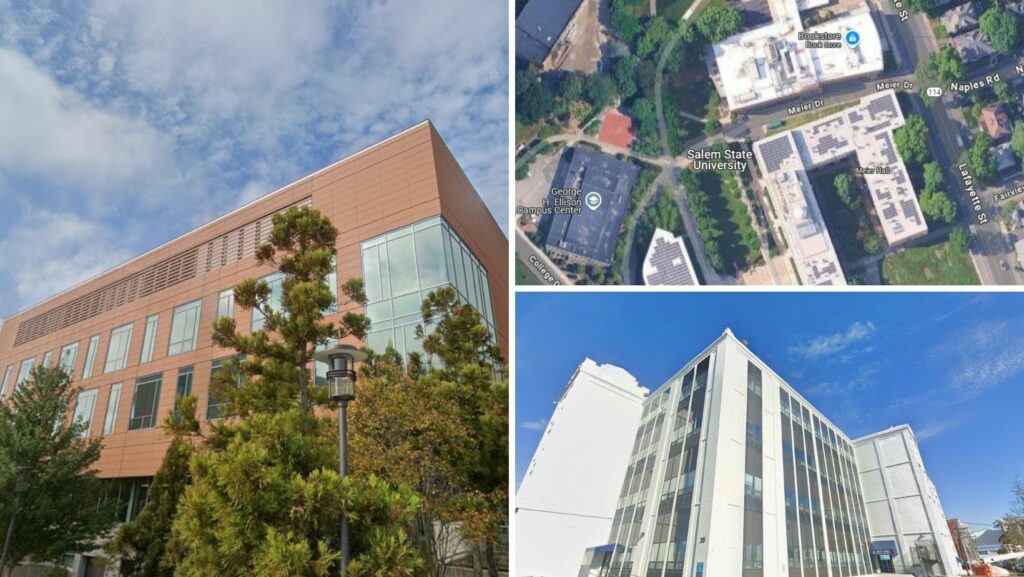 University and commercial buildings with flat roofs in Salem, Massachusetts