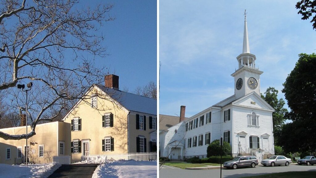 Historic buildings and church in Shrewsbury MA with nearby flat roofing properties