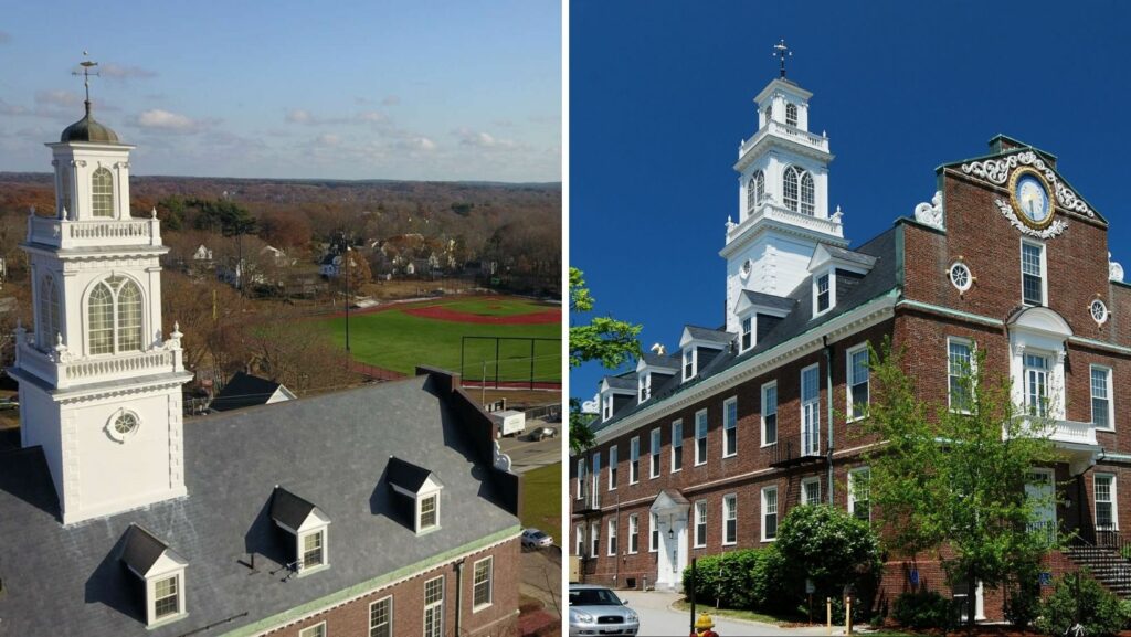 Modern residential and commercial buildings with flat roofing in Weymouth, MA