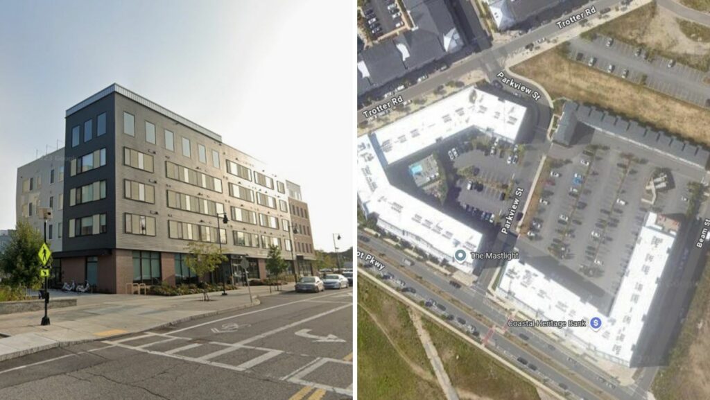 Industrial and apartment complexes featuring flat roofs in Weymouth, MA