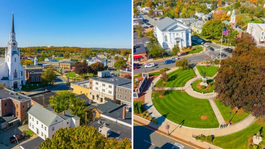 Aerial view of downtown Woburn, MA with historic buildings and commercial properties featuring flat roofing