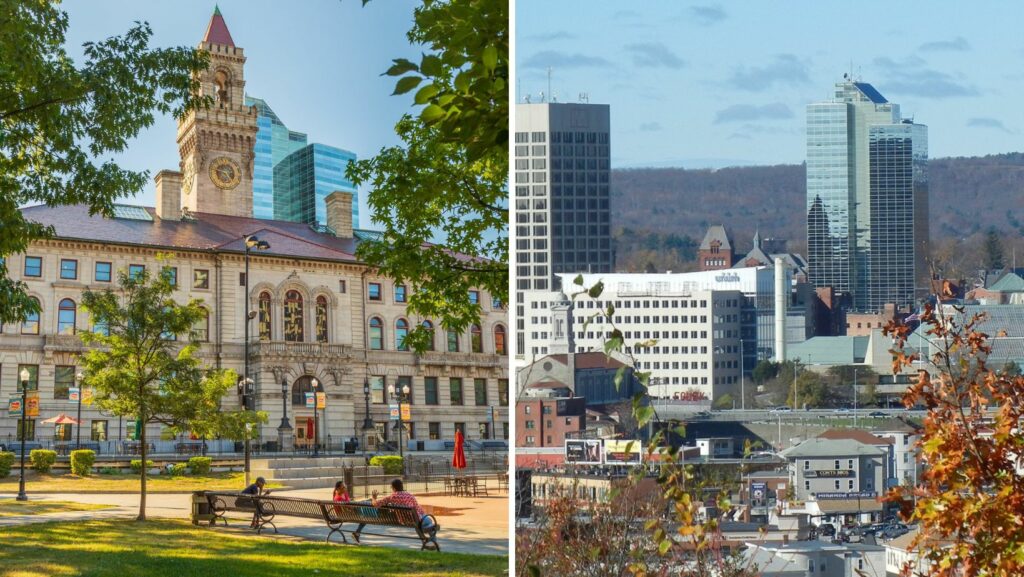 Downtown Worcester, MA with historic city hall and skyline buildings featuring flat roofing