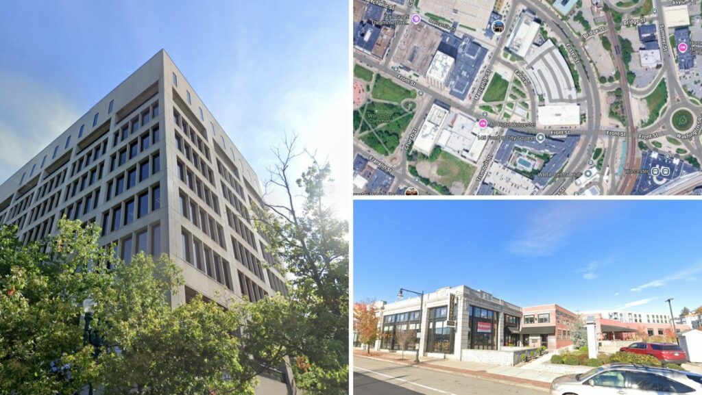 Modern office buildings and municipal facilities with flat roofs in Worcester, Massachusetts